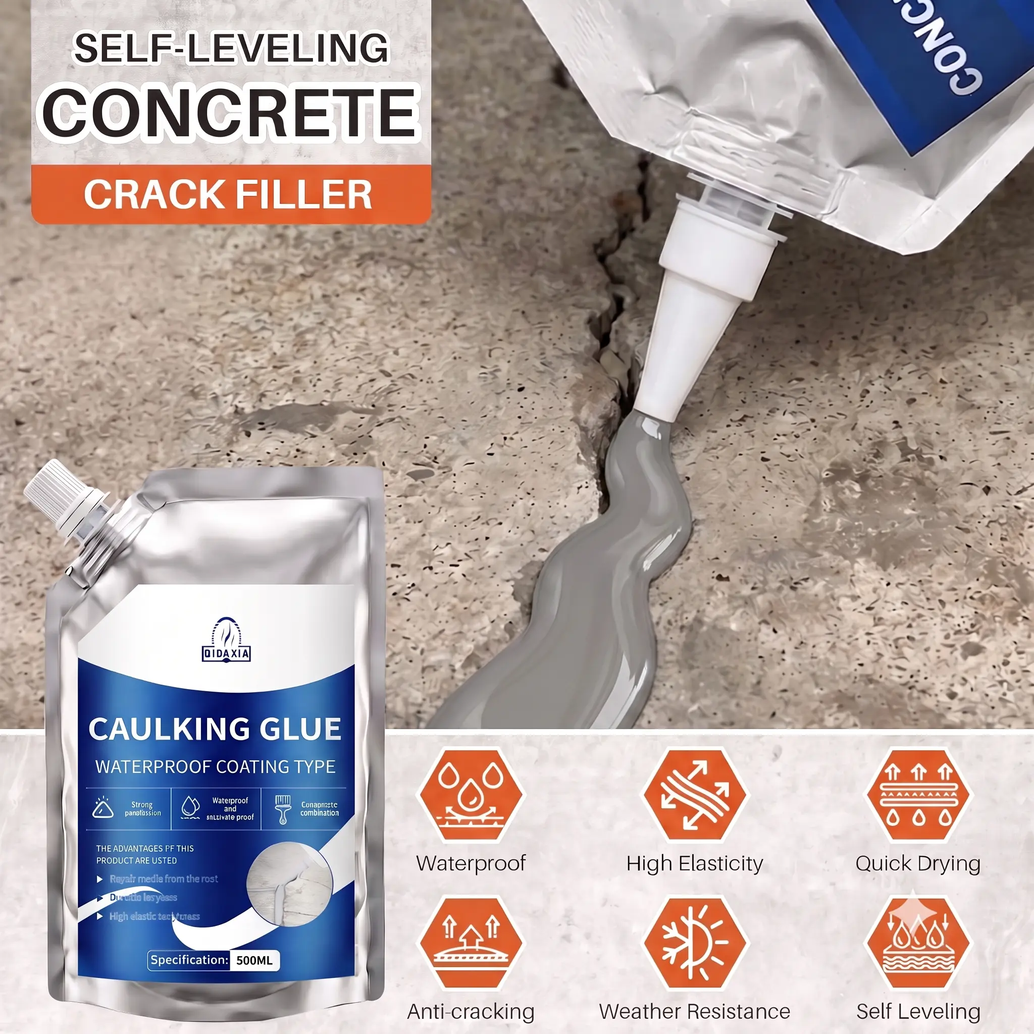 Self-Leveling Concrete Crack Filler Sealant for Driveways, Garage Floors & Patios, Heavy Duty Waterproof Repair for Concrete Cracks, DIY Home Maintenance Kit, Easy Application