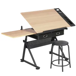 Costoffs Adjustable Standing Art Desk with Tiltable Work Surface Creative Drawing & Painting Table Set with Dual Storage Drawers and Matching Stool for Studio or Home Workspace