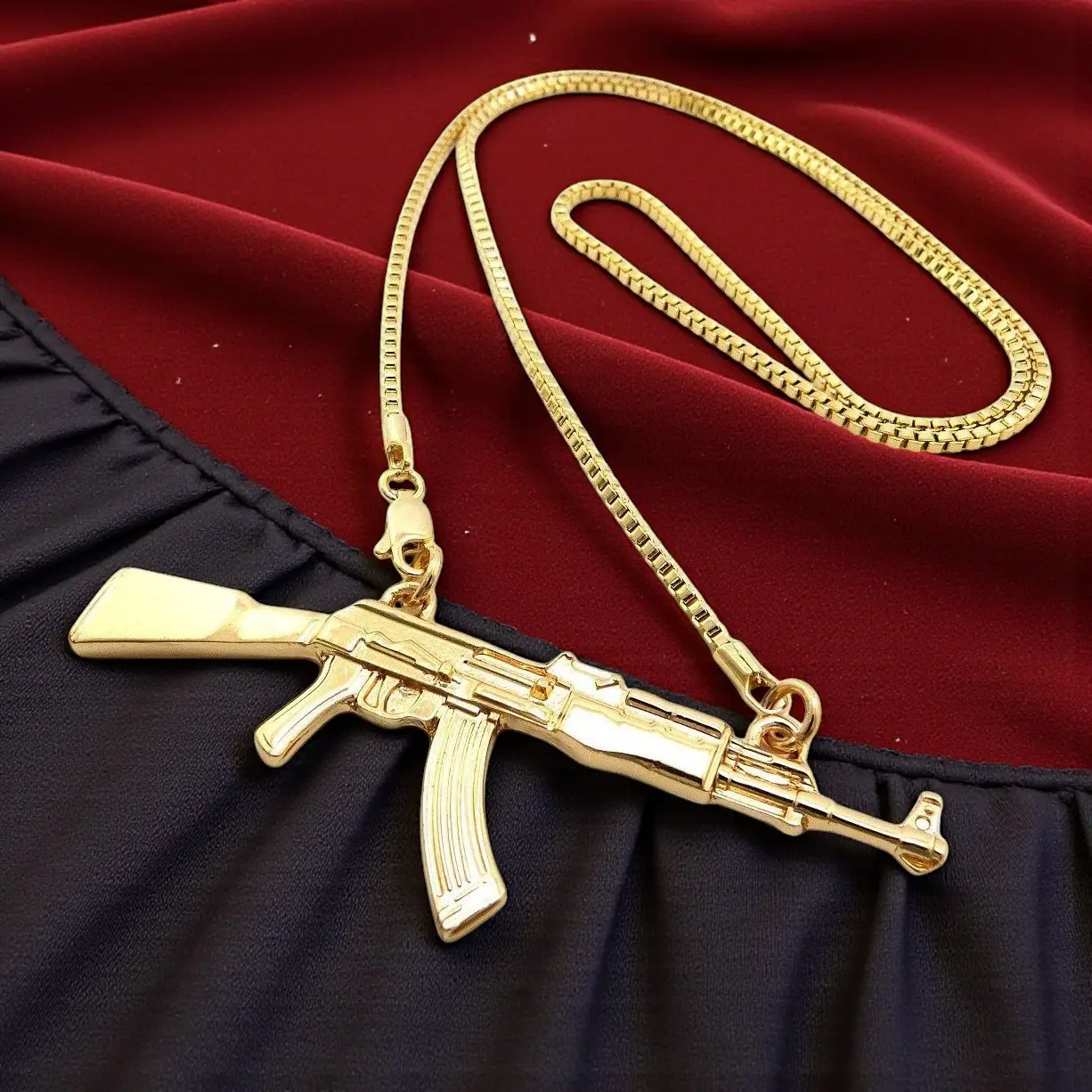 MaxBling81 Hip Hop Polished Gold-Plated Machine Gun Pendant & 2mm Brass Box Link Chain Necklace, 20"-24" Length, Daily Fashion Costume Jewelry Accessory for Chain Lovers, Box Link Chain Necklaces