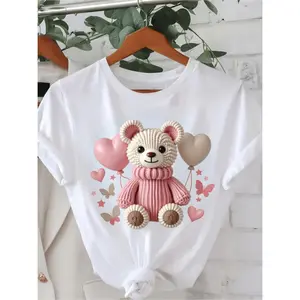 Girls Soft TShirt Featuring Adorable Teddy Bear and Balloon Print Short Sleeve Round Neck Lightweight and Stretchy Casual Daily Wear Top for a Comfortable Girly Casual Look