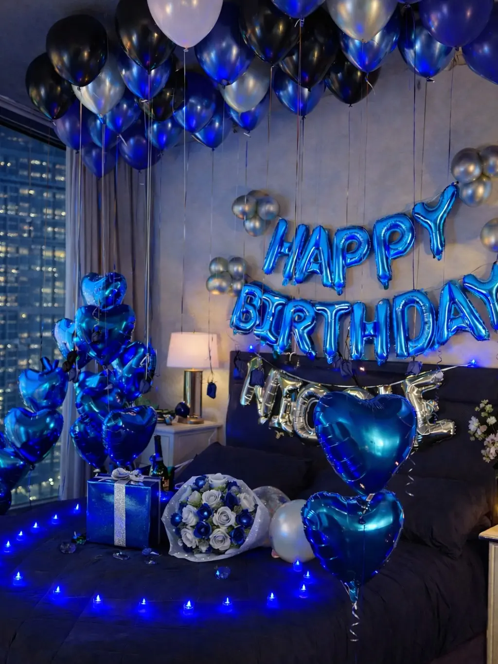 52PCS Blue Happy Birthday Balloon Decorations, Letter Balloon Banner, Heart Foil & Blue Latex Balloons for Birthday Party Backdrop Decor