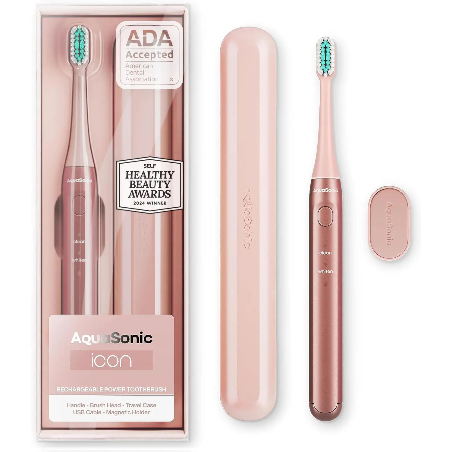 AquaSonic ICON Rechargeable Travel Power Toothbrush - Oral Electric with Soft-Touch Handle, Travel Case, Smart Timers, Mint Green, ADA Approved - Dental Cleaner