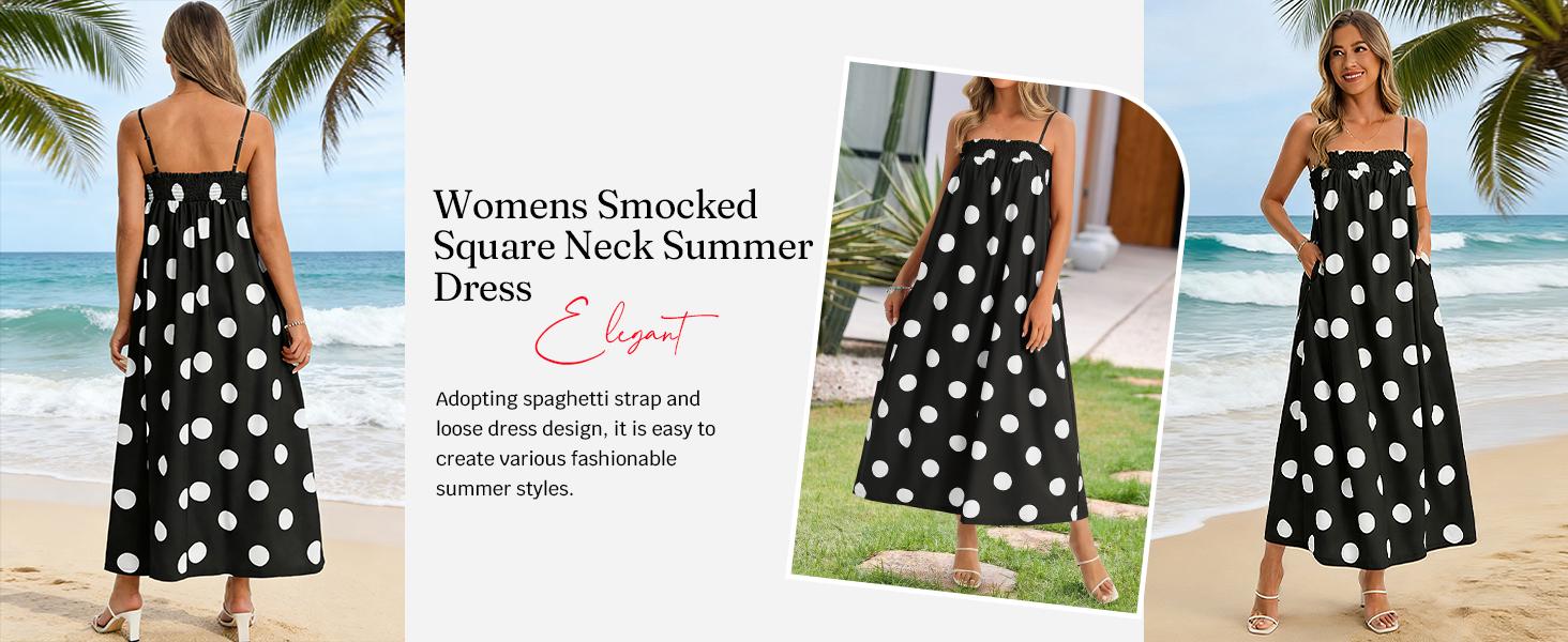 Wenrine Women's Summer Polka Dot Maxi Dress Casual Spaghetti Strap Smocked Loose Vacation Beach Dresses with Pockets