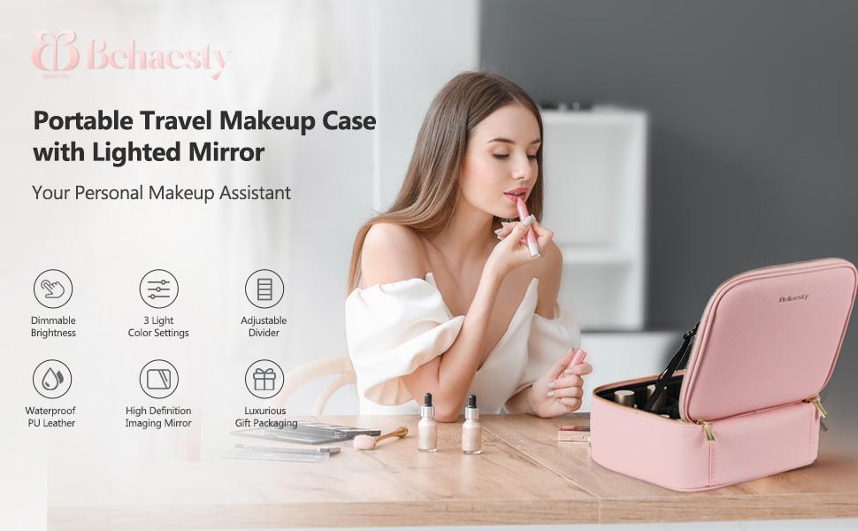 Behaesty Portable Makeup Bag with 3-Color LED Light Detachable Mirror 2000mAh USB Rechargeable Waterproof PU Leather Organizer Compact Travel Cosmetic Pouch Vanity Purse  Zip TikTokShopBlackFriday