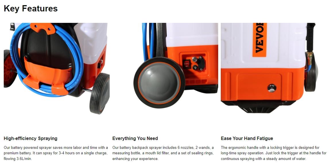 VEVOR Battery Powered Backpack Sprayer, Two Version, Adjustable Pressure, 4 Gallon Tank, with 8 Nozzles and 2 Wands,  Wide Mouth Lid for Weeding, Spraying, Cleaning