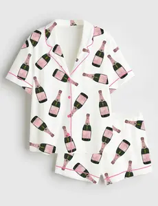 Women's Champagne Bottle Print Satin Pajama Set Short Sleeve Button-Up Top & Elastic Waist Shorts Comfortable 100% Polyester
