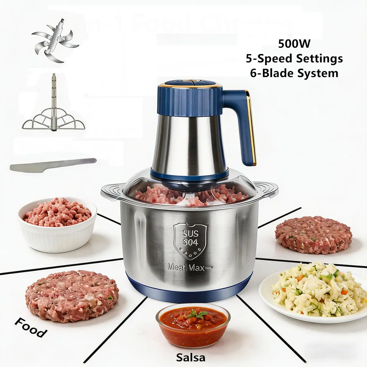5L Stainless Steel Multifunctional Food Processor - 500W Powerful Mincer, 6 Blades, 5 Speeds Household Kitchen Machine, Meat Cutter Kitchen Appliances for Family Meals, Home Food Processor