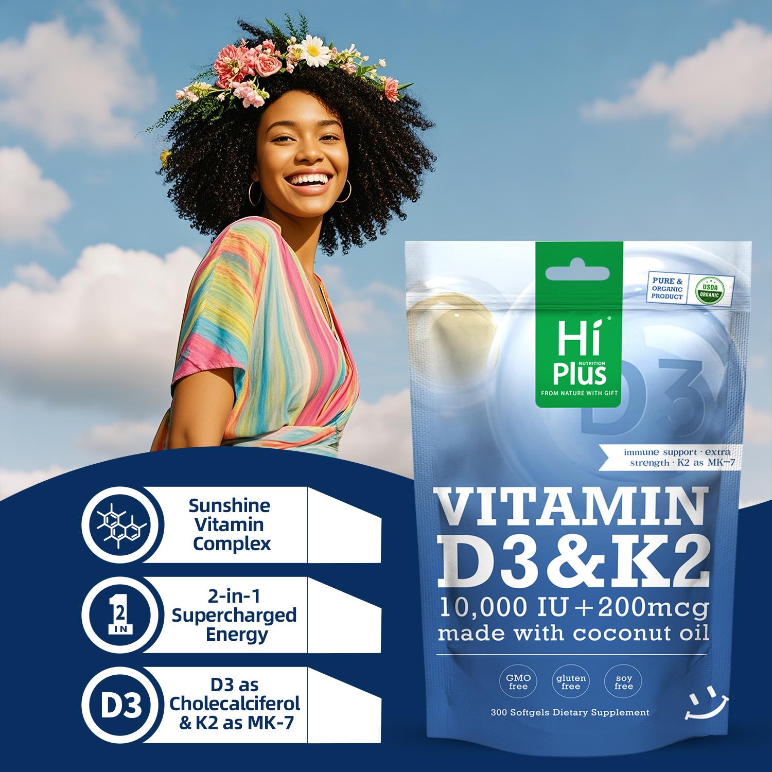 HiPlus Vitamin D3 & K2 | 10,000 IU + 200 mcg, Immune Support & Bone Health, Made with Coconut Oil,300 Softgels Natural Extra Strength