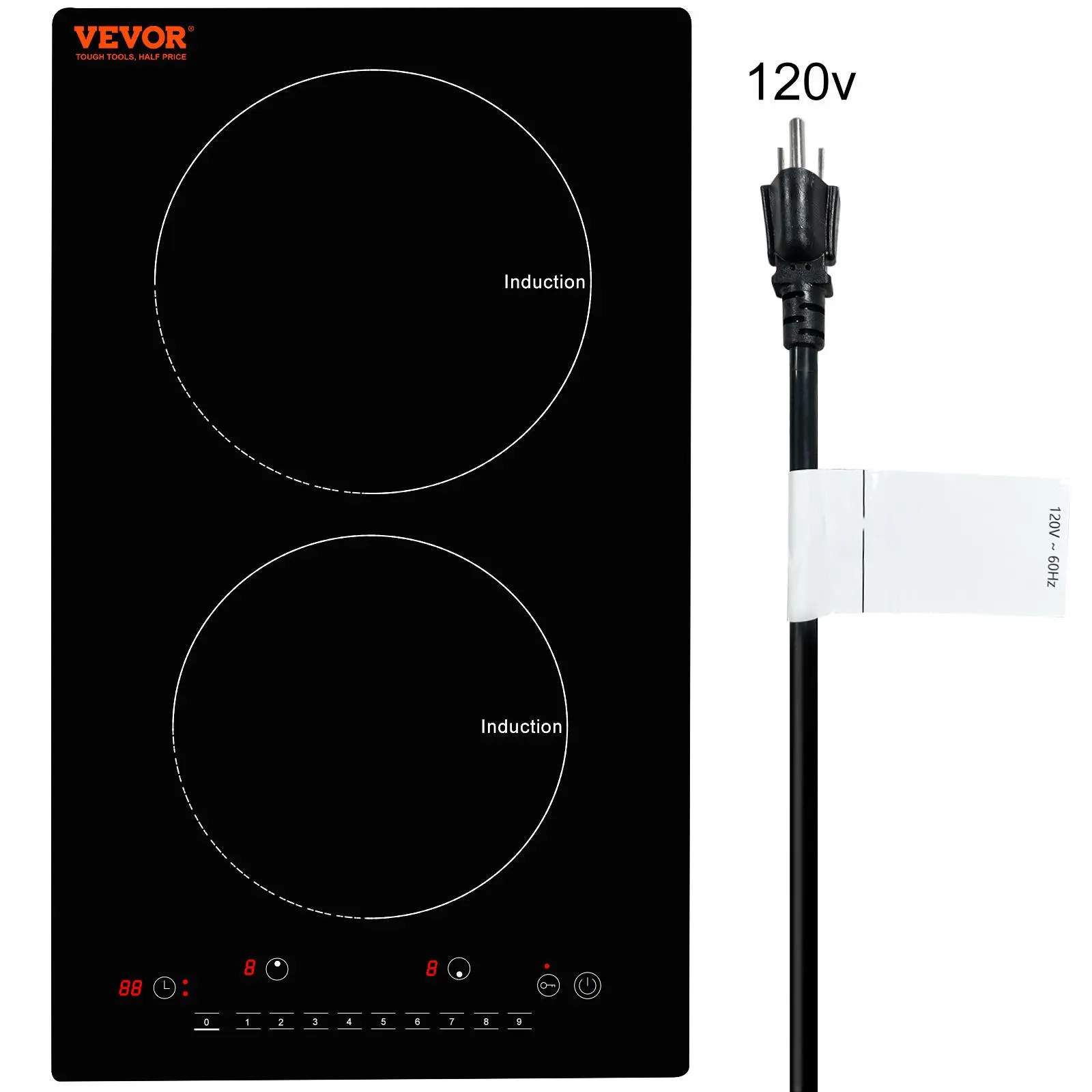【Summerfinds】VEVOR Portable Double Burner Electronic Induction Cooktop - 12-in Built-in Stainless Steel Magnetic Hob, 1800W, 9 Heating Levels, LED Touch Display, Timer, Child Lock, Over-Temperature Protection, Countertop Design, Temperature Control