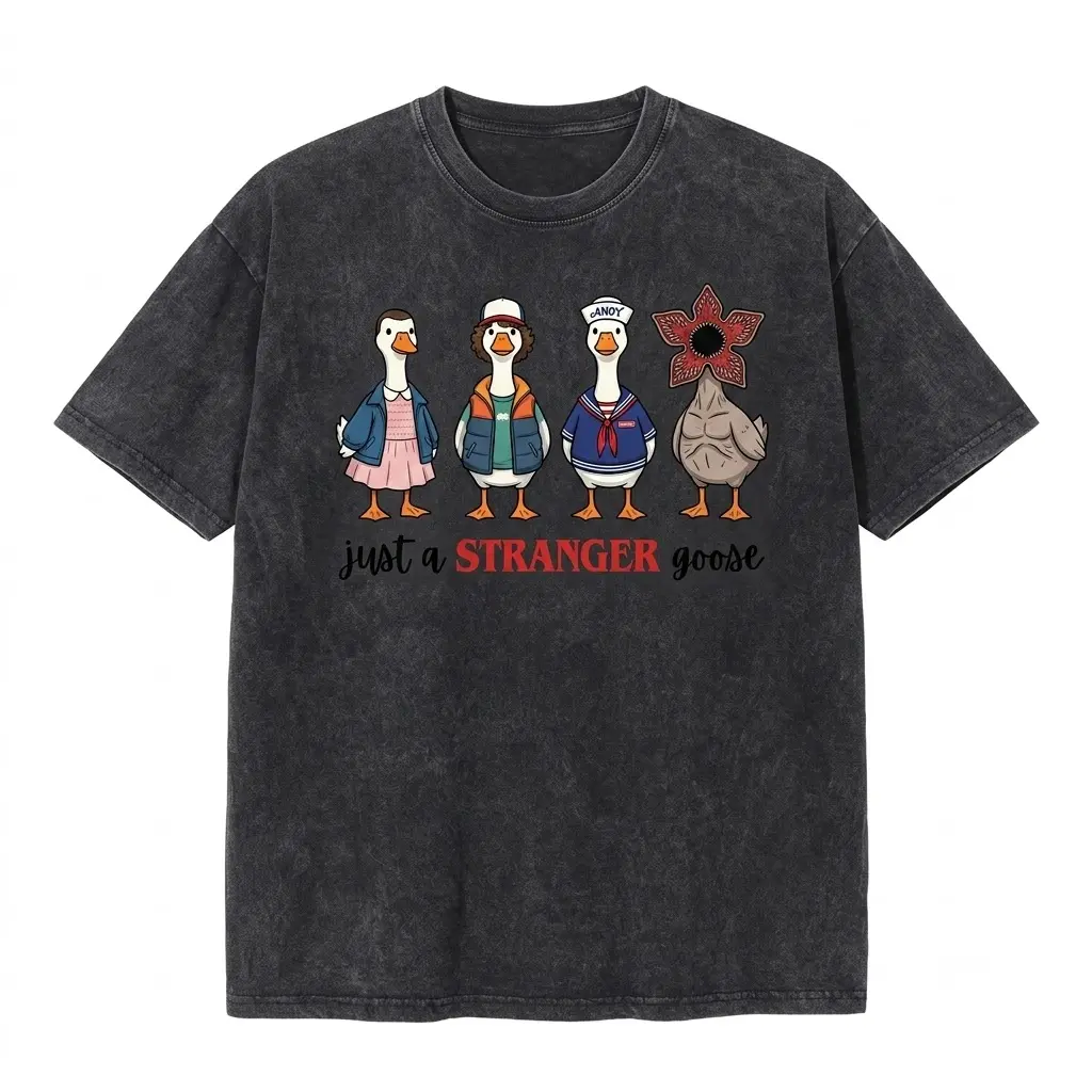 Stranger Things Vintage Wash "Just a Stranger Goose" Graphic T-Shirt Oversized Funny Mashup Tee Retro Sci-Fi Fan Gift