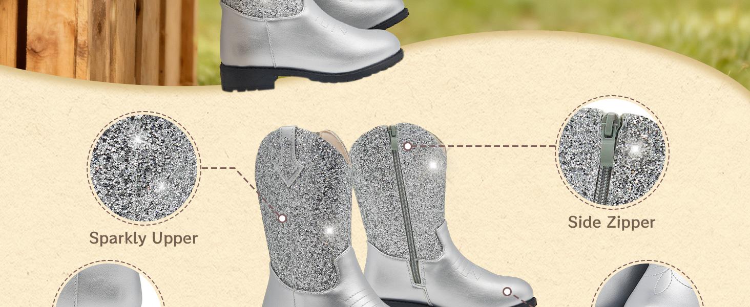 Sparkly Girls Cowgirl Boots Glitter Cowboy Dress Boots for Little to Big Kid Mid Calf Round Toe Birthday Horse Riding Pu Handles Celebrations