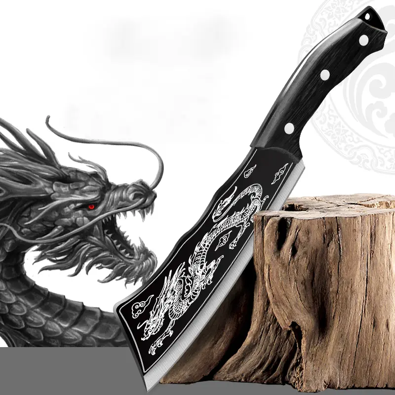 Durable High Carbon Steel Dragon-Embossed Cleaver, 7.87 in Heavy Duty Sharp Blade, Ergonomic Full-Tang Grip for Kitchen & BBQ Culinary Use