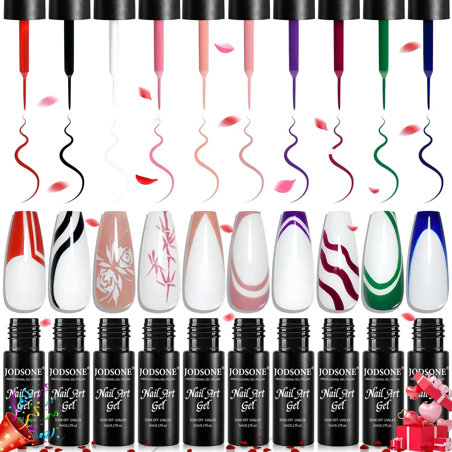 JODSONE Nail Art Gel Liner Set 10 Colors Gel Nail Polish Need U V Lamp Cured with Thin Brush,Valentines Gifts for Women