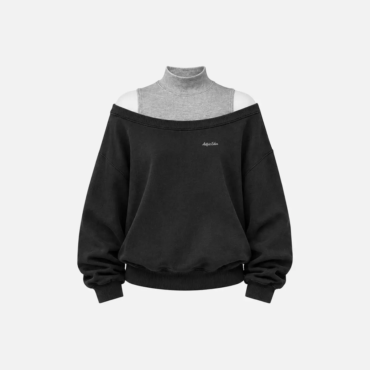 Aelfric Eden Two-in-one Hoodie Off-Shoulder Mock Neck Sweatshirt Balloon Sleeves Ribbed Cuffs & Hem Soft Fabric Minimalist Streetwear Women's Top,clothes for back to school,first day of school outfits