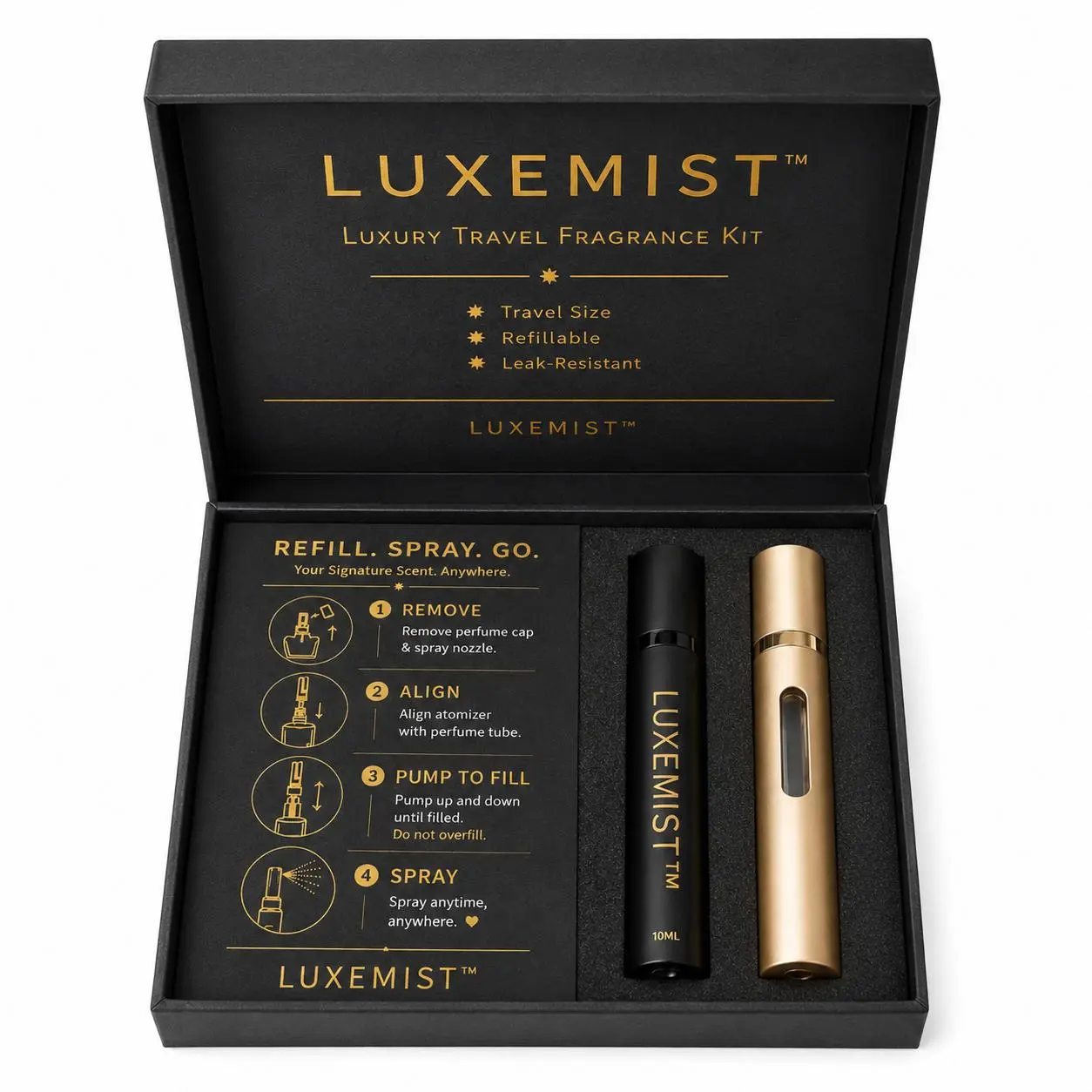 LUXEMIST 2-Pack 10 mL Refillable Perfume Atomizers, Bottom-Fill Travel Spray Bottles, Leak-Resistant, Black & Gold Aluminium Cosmetic