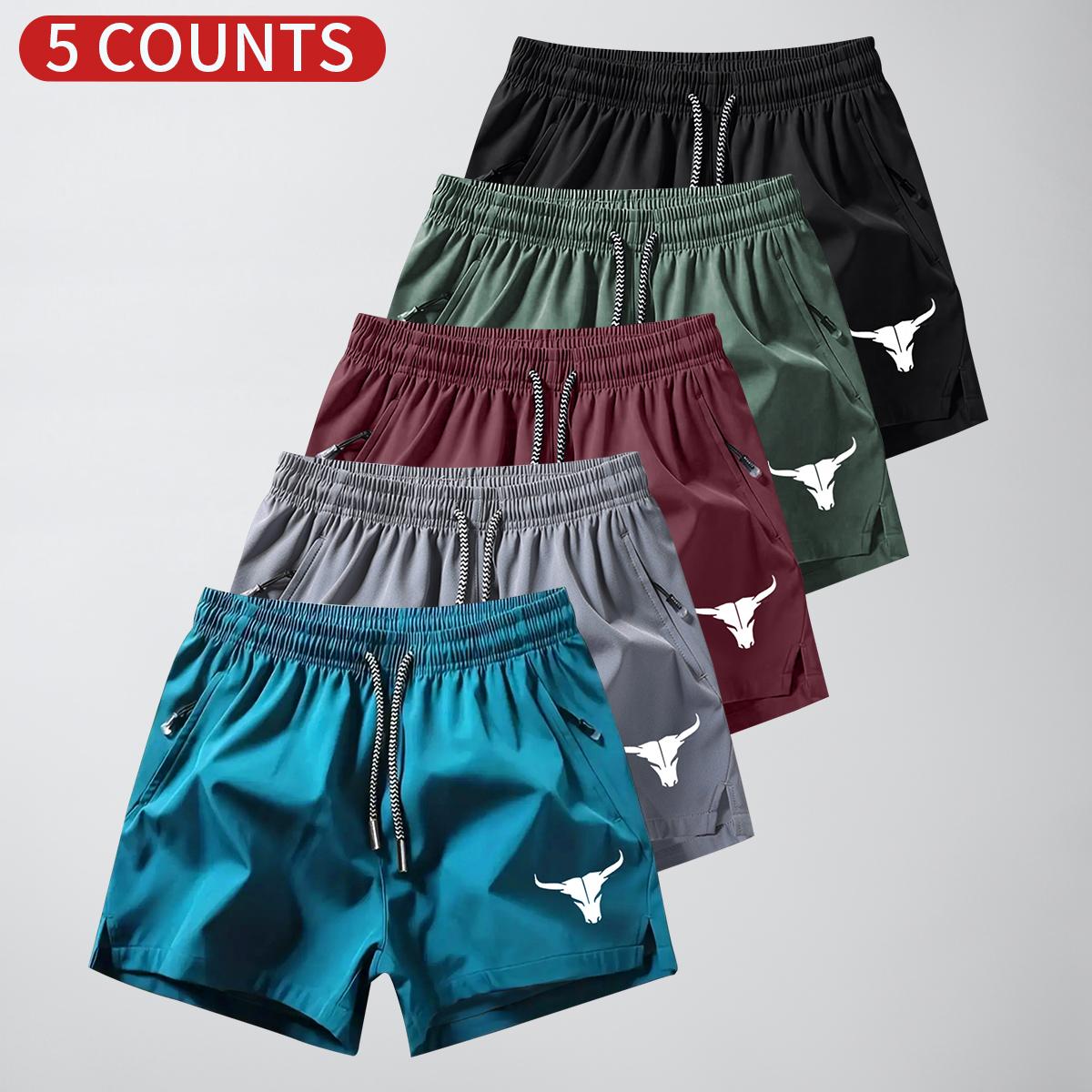 Men's 5-Pack Bull Print Plain Tie Pocket Shorts; Men's Clothing; Athletic Casual Stretch Waist Pocket Shorts; Breathable Summer Men's Everyday Sports Pants SpringStatements