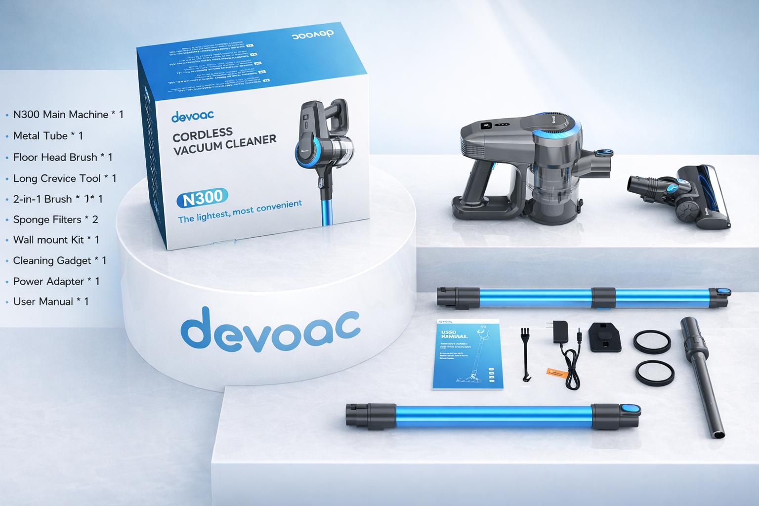 [FebFaves] Devoac N300 Cordless Vacuum, 8-in-1 Rechargeable Stick Vacuum, Lightweight and Designed for Everyday Home Cleaning, with up to 20kPa Suction and up to 40 Minutes of Runtime, for Hardwood Floors, Carpets, Tiles, cars, and Pet Hair