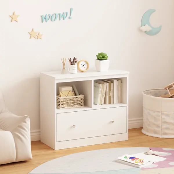 Wooden Kids Toy Storage Organizer with Large Drawer - Low Bookcase for Nursery & Playroom, White Children's Furniture Cabinet for Books & Toys