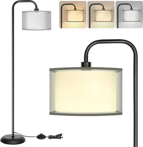 LED Floor Lamp for Living Room, Modern Standing Lamp with Foot Switch Grey Organza Fabric Shade Tall Pole Reading Lamp for Bedroom Study Room Office, 9W Bulb Included