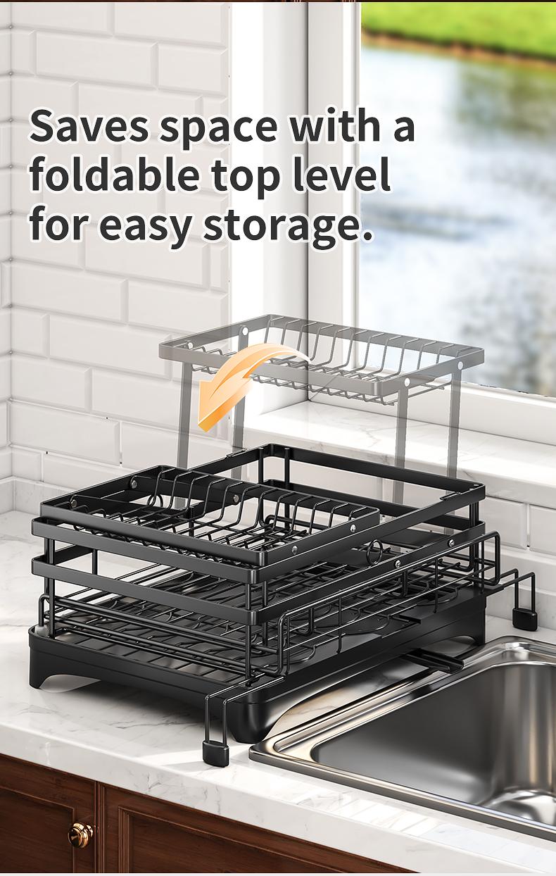 Foldable Over Sink Dish Drying Rack｜Pull-Out 2-Tier Dish Drainer with Utensil Holder｜Space Saving Kitchen Organizer for Small Kitchens,dorm essentials,home decor