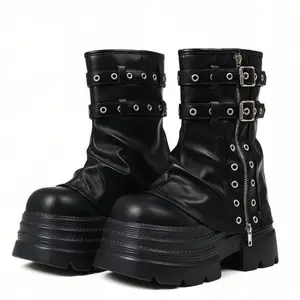 AOSPHIRAYLIAN Casual Goth Ankle Fold Over Boots Women Y2k Chunky Low Heel Fall Slouchy Platform Boots Motorcycle Buckle Zipper Design Fashion Buckle Black Boots Alt girls Concert Outfit Full Season Walking Shoes Footwear