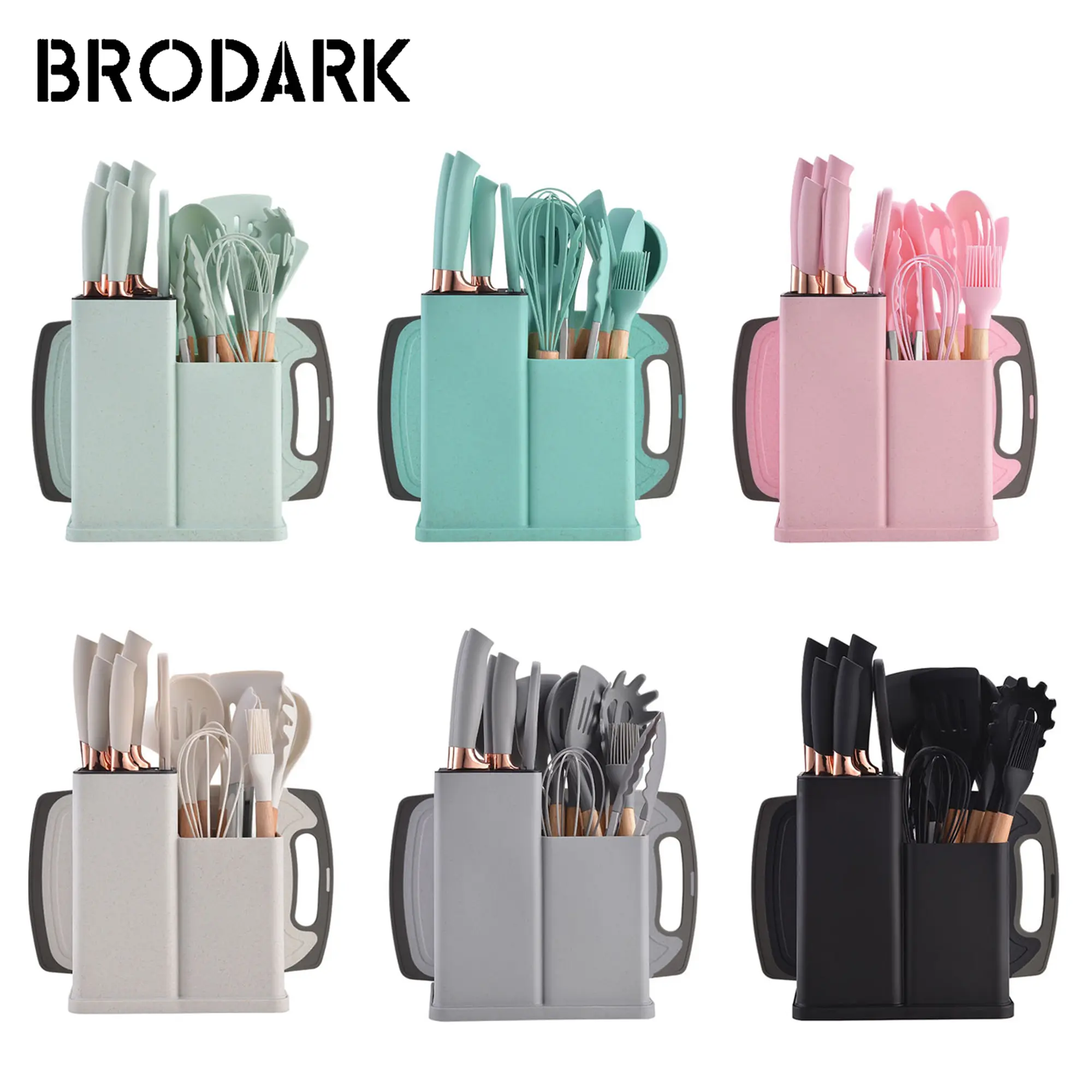 BRODARK 19pcs Food Grade Silicone Kitchenware Set - Complete Kitchen Kit with Silicone Spatula, Knives, Spoon, Shovel, Cutting Board, Egg Beaters, Fruit Knife, Storage, Portable Heat-Resistant Modern Pink Cookware, Silicone Spatula Set