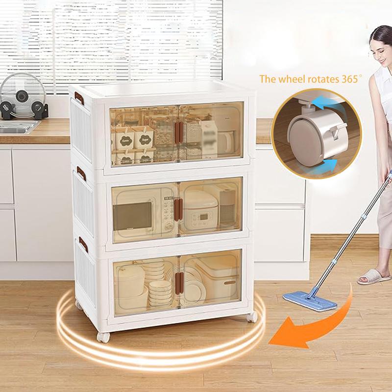 Large capacity foldable Locker with wheels and transparent door - Portable plastic storage case with multiple compartments, space saving design for toys, clothing, office and dorm supplies, cabinet storage.