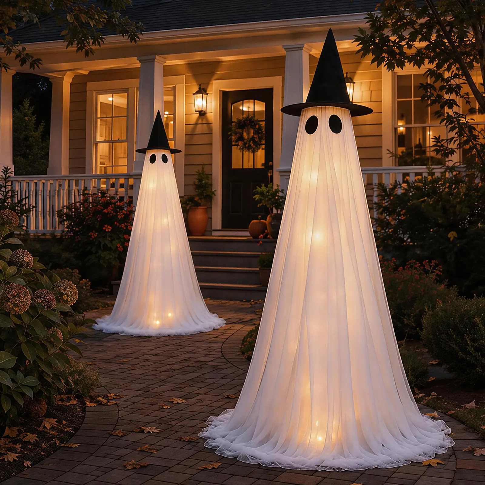 2 Pack Halloween Decorations Outdoor, 5FT Adjustable Light Up Standing Ghosts with Remote Control, Wind-Resistant Large Outdoor Ghost Decor for Porch, Yard, Lawn & Garden