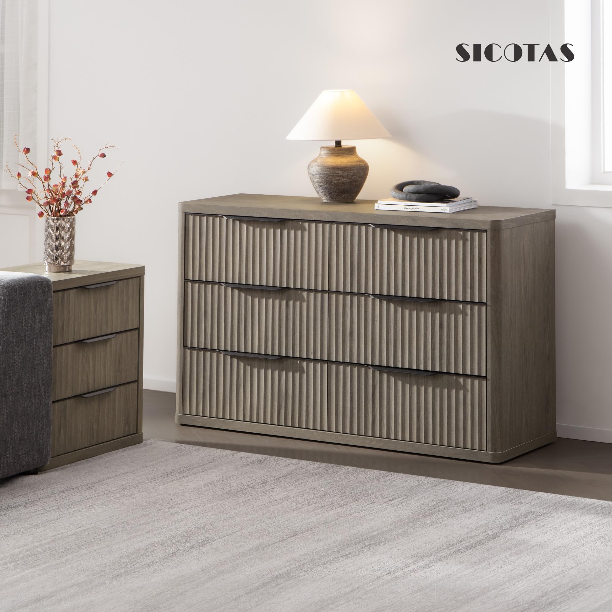 SICOTAS Dresser for Bedroom 6 Drawer Dressers & Chests of Drawers for Closet Long Large Modern TV Stand Set for Clothes Storage Fluted Wide Clothes Closet for Hallway Entryway