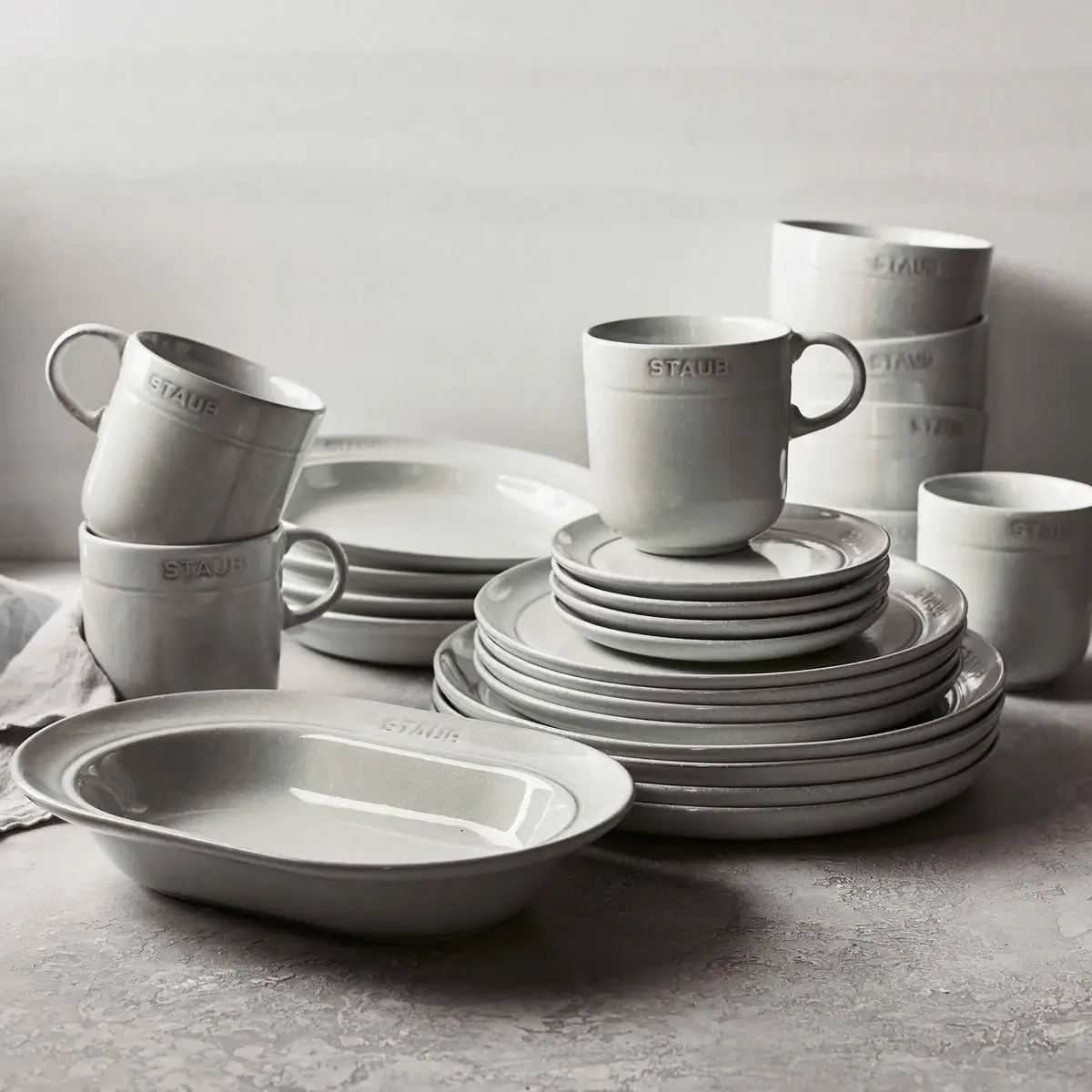 Staub 12-Piece Dinnerware Set - French Staub Truffle White Ceramic Plates & Bowls for 4