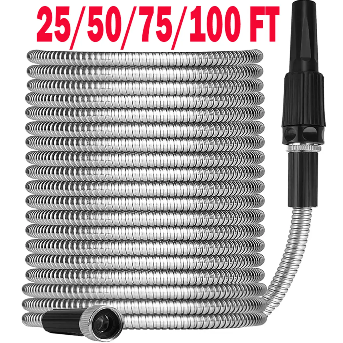 Metallic 304 Stainless Steel Kink-Free Flow Flexible Hose Watering Kit, 14mm (0.6in) Diameter, 25FT/50FT/75FT/100FT Lengths, 6-Spray-Function High Pressure Spray Nozzle, Super Durable for Home Improvement & Garden Watering