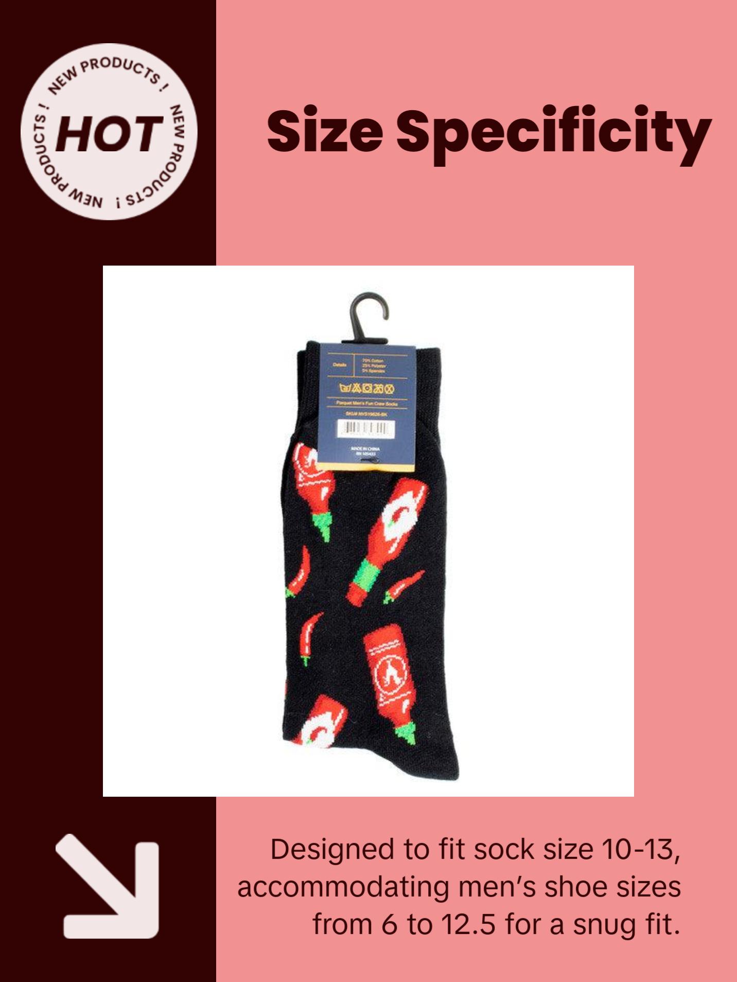 Parquet Men’s Hot Sauce & Chili Pepper Novelty Crew Socks – Black