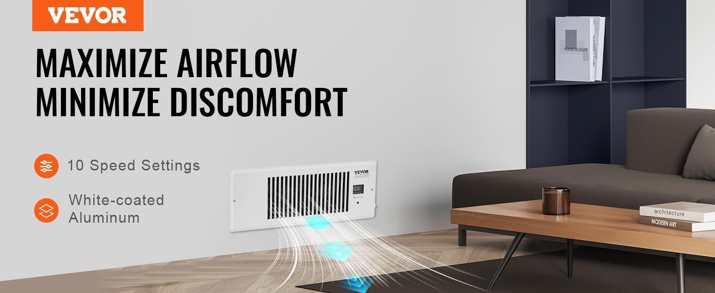 【Backtoschool】VEVOR 4”x12” Register Booster Fan - Quiet Aluminum Compact Indoor Ventilation Auxiliary Fan with Remote, Thermostat Control, Adjustable Speed for Heating & Cooling, White, Ventilation Fan
