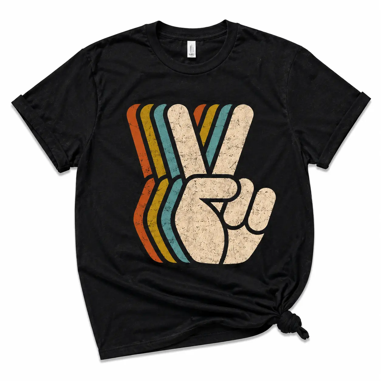 Vintage Retro Peace Sign Hand T-Shirt, 70s Rainbow Stripe Peace Graphic Tee, Retro Distressed Peace Symbol Unisex Short Sleeve Top For Men Women