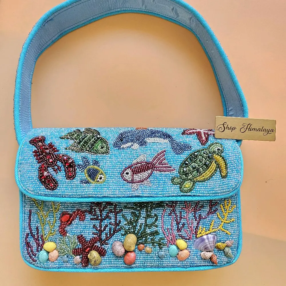 Shop Himalaya Handmade Beaded Sea Life Handbag with Real Shells Artisan Crafted Under the Sea Beaded Bag 9.5" x 6.5" x 2" MermaidCore SummerFashion