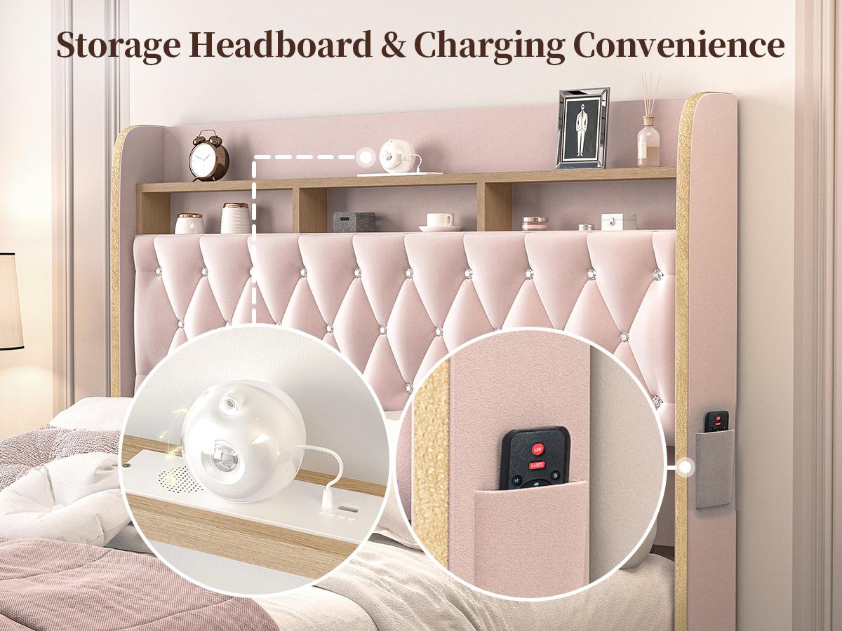 Queen LED Bed Frame with Storage Drawers Upholstered Platform Bed Galaxy Star Projector Charging Station Speaker Aurora Bedframe 2-Tier Storage Headboard Noise-Free PU Leather Velvet Funky Bedroom Furniture