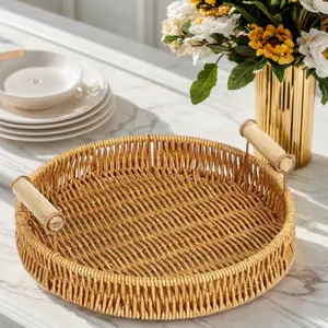 Round Rattan-Style Serving Tray with Handles, Stylish Bread Fruit Snack Tea Tray/Plates for Kitchen Counter Dining Table Decor, Coffee break Stylish