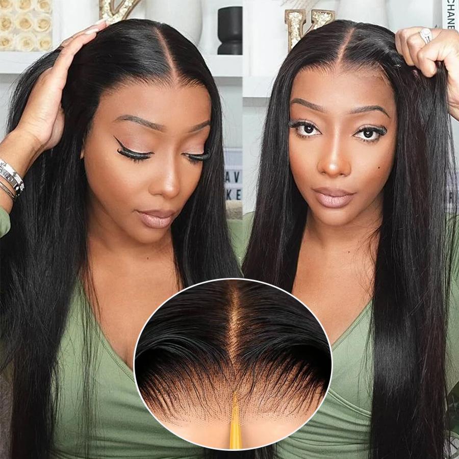 Pizazz Hair 13x6 Glueless Lace Frontal Wig Ear To Ear HD Transparent Lace Melted Skin Well Straight Human Hair Wigs With Drawstring , Pre Bleached , Pre Cut ,Pre Plucked Human Hair For Women