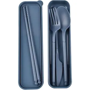 Camping Utensil Set, Reusable Utensils Set with Case, Plastic Cutlery Set Forks Spoon Tableware Chopsticks, Portable Cutlery Set for Travel Picnic Camping or Daily Use (Dark Blue)