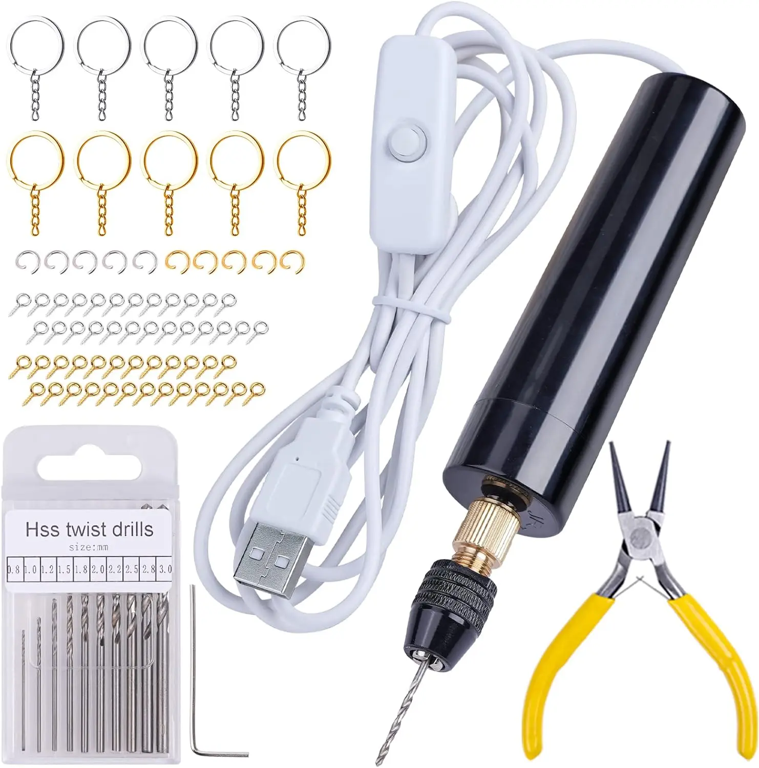 Electric Drill, LET'S RESIN 74Pcs Mini Drill with 3-Jaw Clamp-Applicable to A Larger Drilling Range (0-3mm), Keychain Making Kit, Jewelry Making Kit, Electric Hand Drills for Jewelry, Resin, Plastic - LET'S RESIN