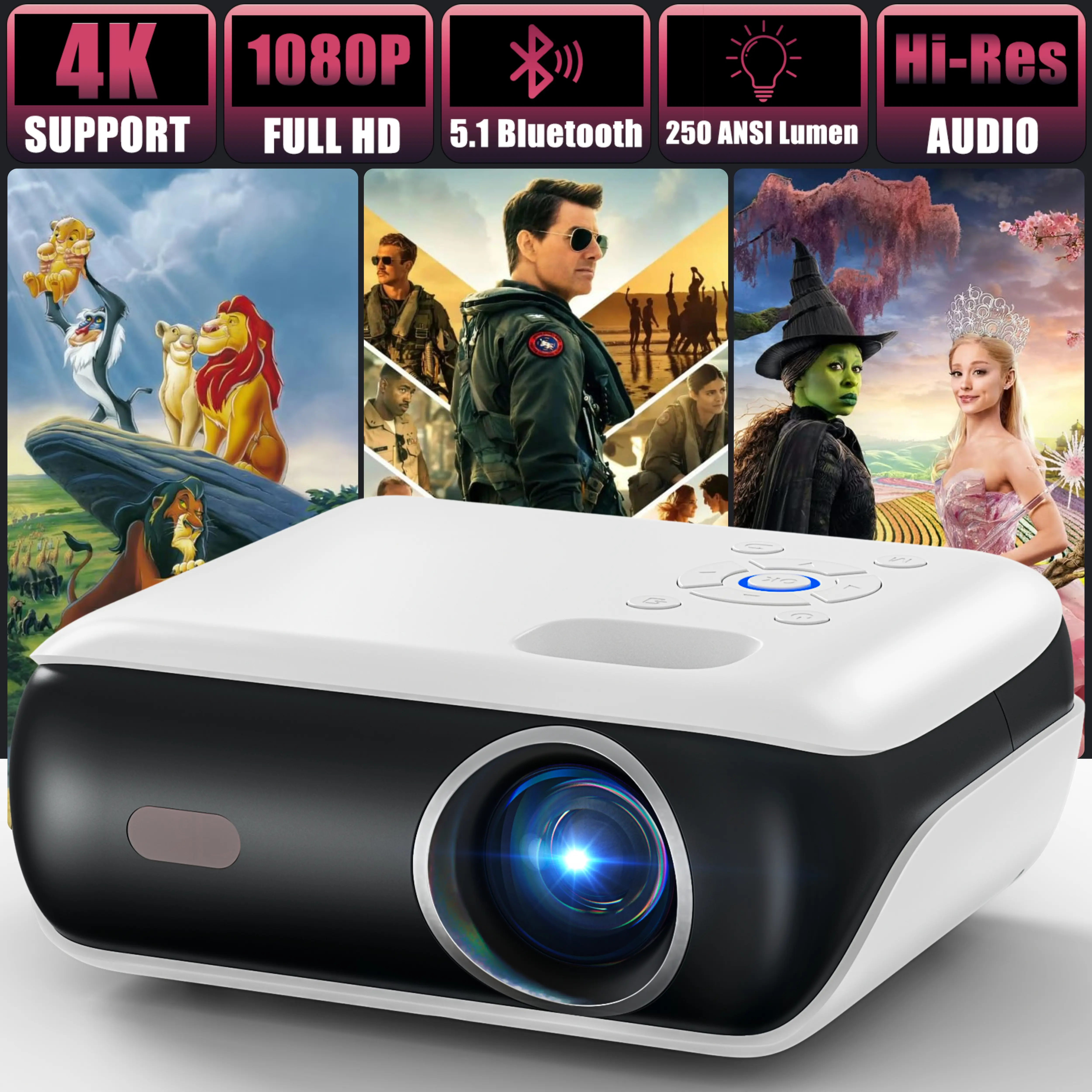 Happrun TK-H1 1080P Bluetooth Projector | Portable Mini H1 Projector for Home Theater, Bedroom Cinema, Outdoor Movies & Camping | Connects to Smartphone, iPhone, HDMI, USB, TV Stick, Fire Stick, PS4, PS5 | Bright Screen & Easy Setup
