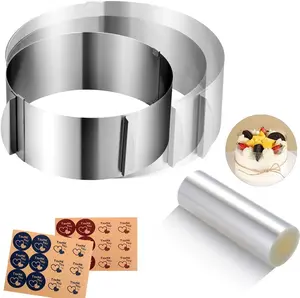 1Set Cake Rings Mousse Mold Acetate Cake Collar Set, Adjustable 6 to12 Inches Stainless Steel Baking Rings Round Cake Molds with 5.5 x 394 Inch Clear Cake Acetate Sheet Rolls for Baking Pastry, Cake Decor