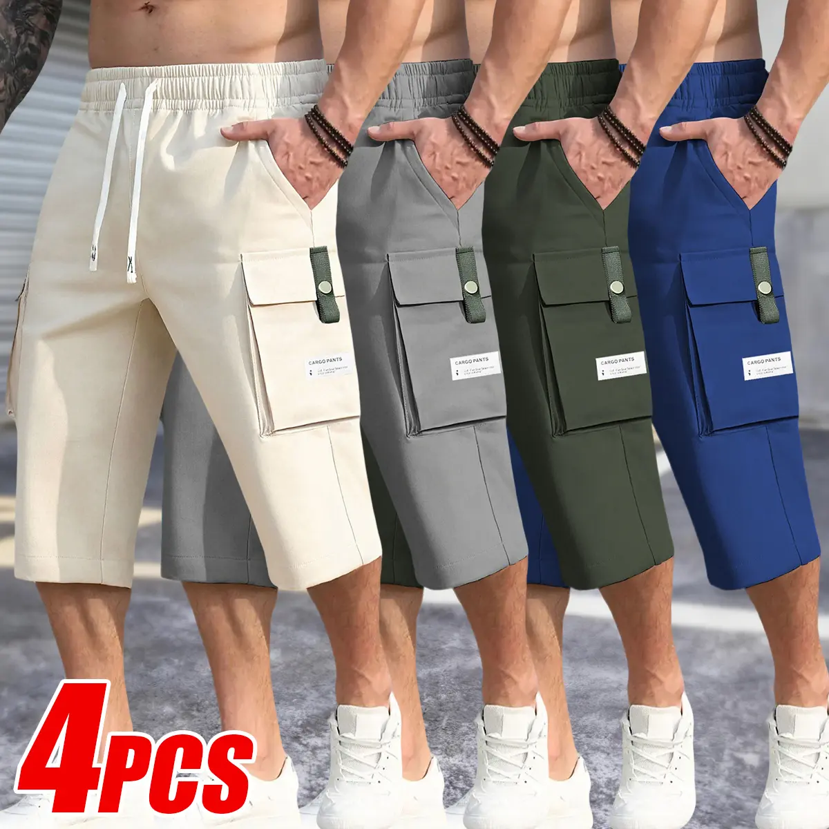 Men's 4-Pack Fitted Cargo Pants, Solid Activewear Work Trousers with Multi-Pockets and Elastic Drawstring Waist, Sizes S, M, L, Sportswear, Athletic