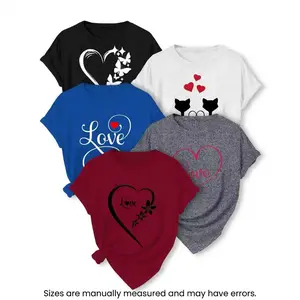 5-Piece Women's Heart & Love Print Short Sleeve T-Shirts, Casual Comfort Crewneck Summer Tops, Cute Daily Fashion Outfits for Ladies. Please Note: Sizes are manually measured, there may be a slight error.