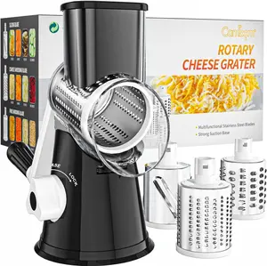 Cambom Rotary Cheese Grater Hand Crank Cheese Shredder for Fresh Cheese, Vegetable, Nuts,Non-Slip Suction Base, Free Cleaning Brush Three Blades, Black