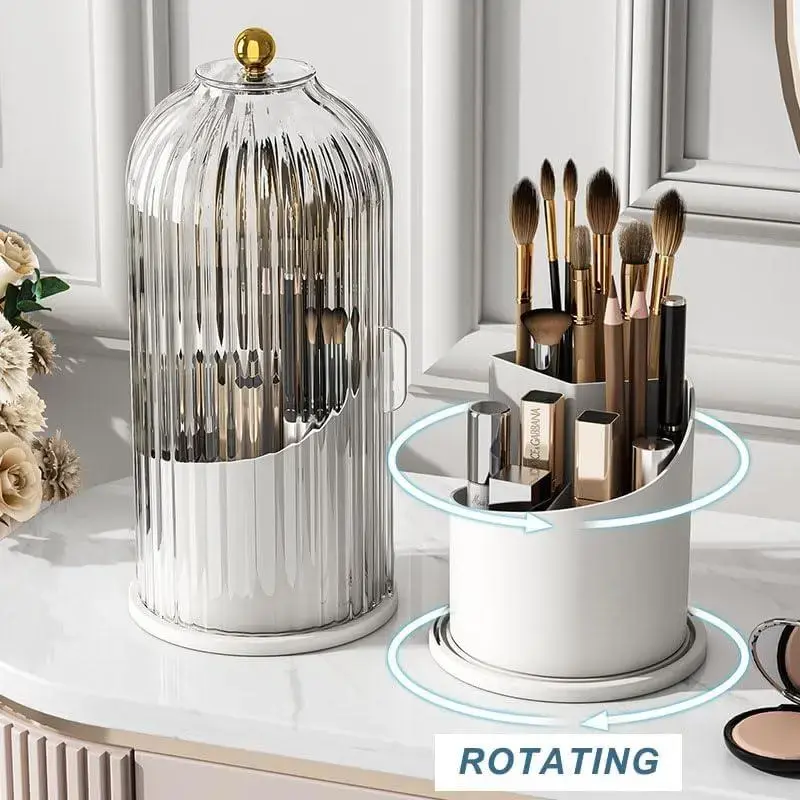 360° Rotating Toothbrush Holder & Makeup Brush Organizer, Clear Dustproof Bathroom Countertop Storage with 3 Slots, Drainage Base & Anti-Slip Design for Vanity, Sink and Dressing Table