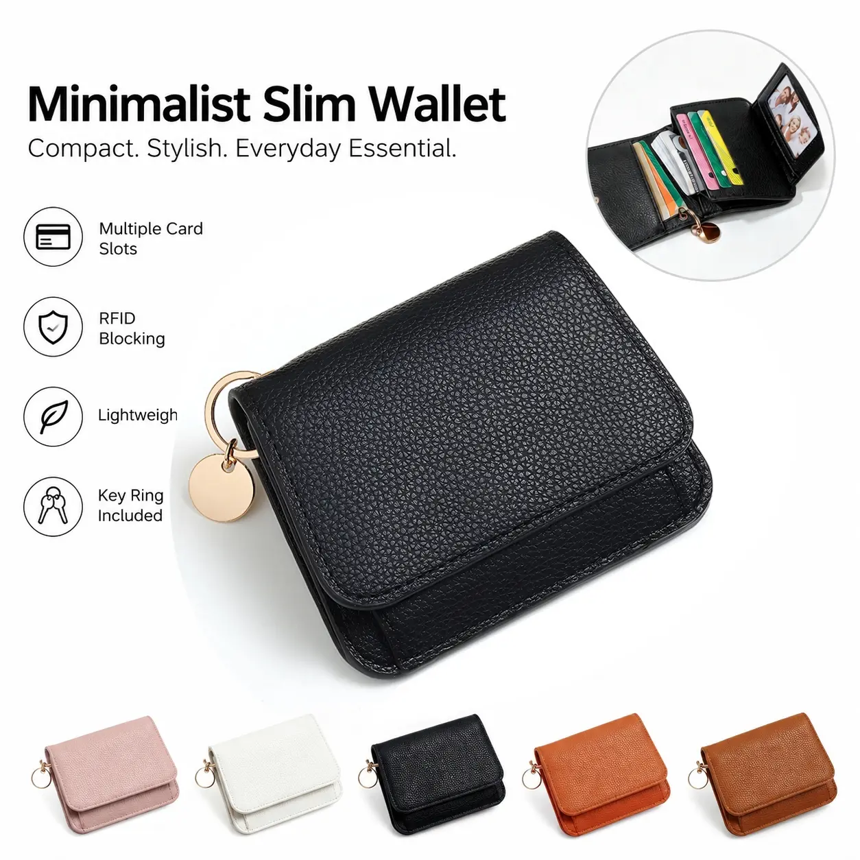 Women’s Elegant Minimalist Trifold Wallet,RFID Blocking Mini Card Holder with Clear ID Window, 6 Card Slots, Zipper Coin Pocket, Cash Compartment & Keychain,Daily use