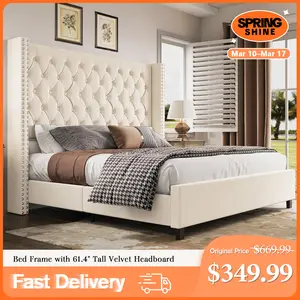 AMERLIFE 61.4" Tall Bed Frame, Modern Upholstered Bed, Wingback Headboard, Velvet Tufted Handcrafted Pleat Deep Button/Comfort Luxury Design/Interior Wood Slats/No Box Spring Needed, Queen/King Size/Best Gift Ideas/Christmas Gifts