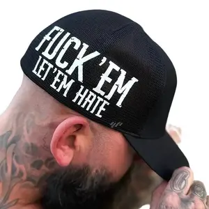 The Drive Clothing 'FK EM HATE' Side Style Flexfit Hat - Fitted Black Hat With White Font, Original Flexfit Technology, Heather Jersey Front With Soft Mesh Back, Structured Five Panel Mid Profile Design For Everyday Streetwear Comfort