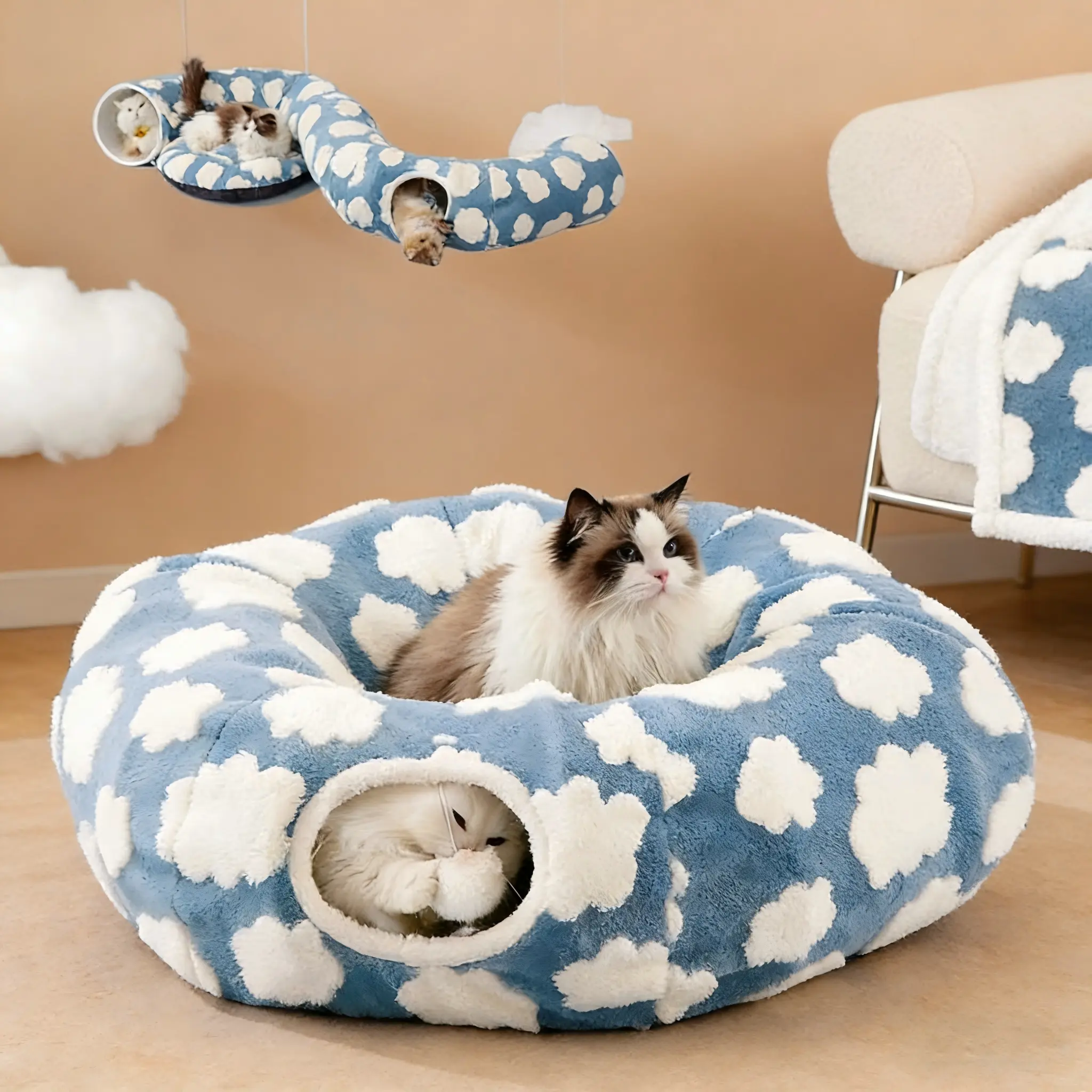 Cute Fuzzy Plush Pet Tunnel Bed with Blanket - Machine Washable, Cozy Dog & Cat Furniture with Peek-A-Boo Cave, Polyester Calming Bed for All Sizes, Machine Wash